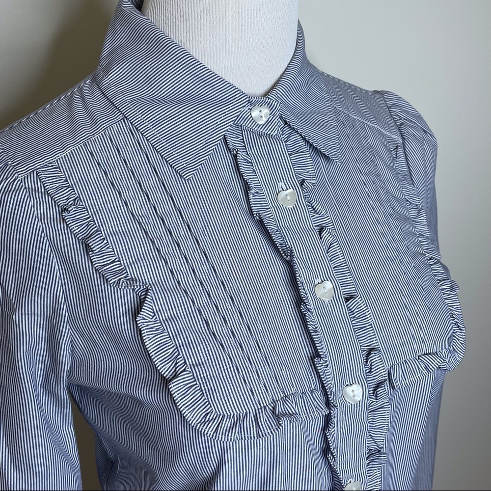 Soundgirl Striped Blue Long Sleeve Collared Button-up Ruffles Shirt S/M